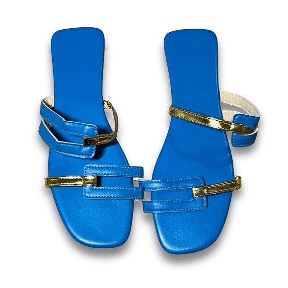 Womens Blue & Gold Flat Strappy Slide Sandals Size 8.5 Square Toe Casual Summer - Picture 2 of 4